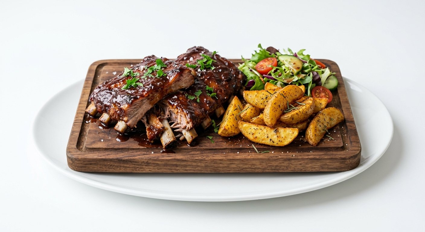 COASTE DE PORC CU SOS BBQ SI CARTOFI CONDIMENTATI